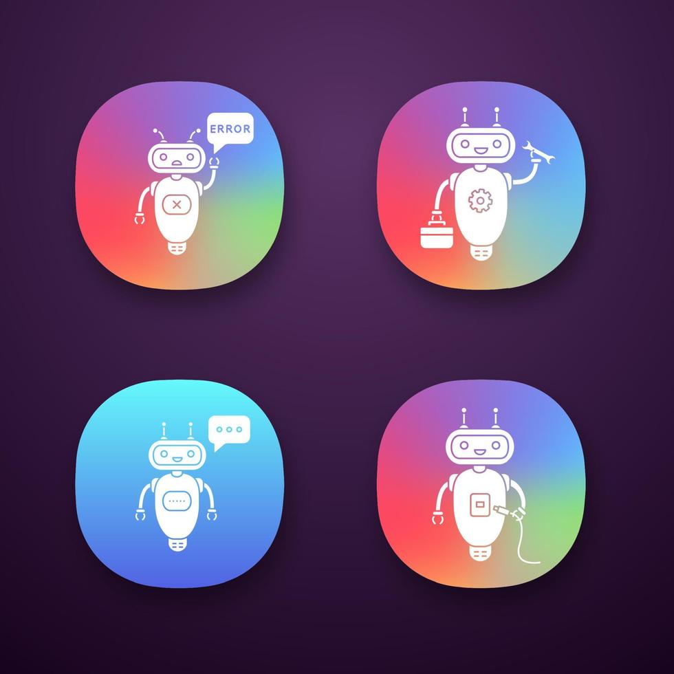 chatbots app ikoner set. ui ux användargränssnitt. talkbots. virtuella assistenter. reparation, fel, usb, skrivchatrobotar. moderna robotar. webb- eller mobilapplikationer. vektor isolerade illustrationer