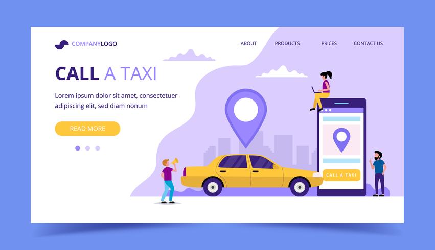 Ring en taxa målsida. Concept illustration med taxi bil en smartphone, små personer karaktärer. vektor