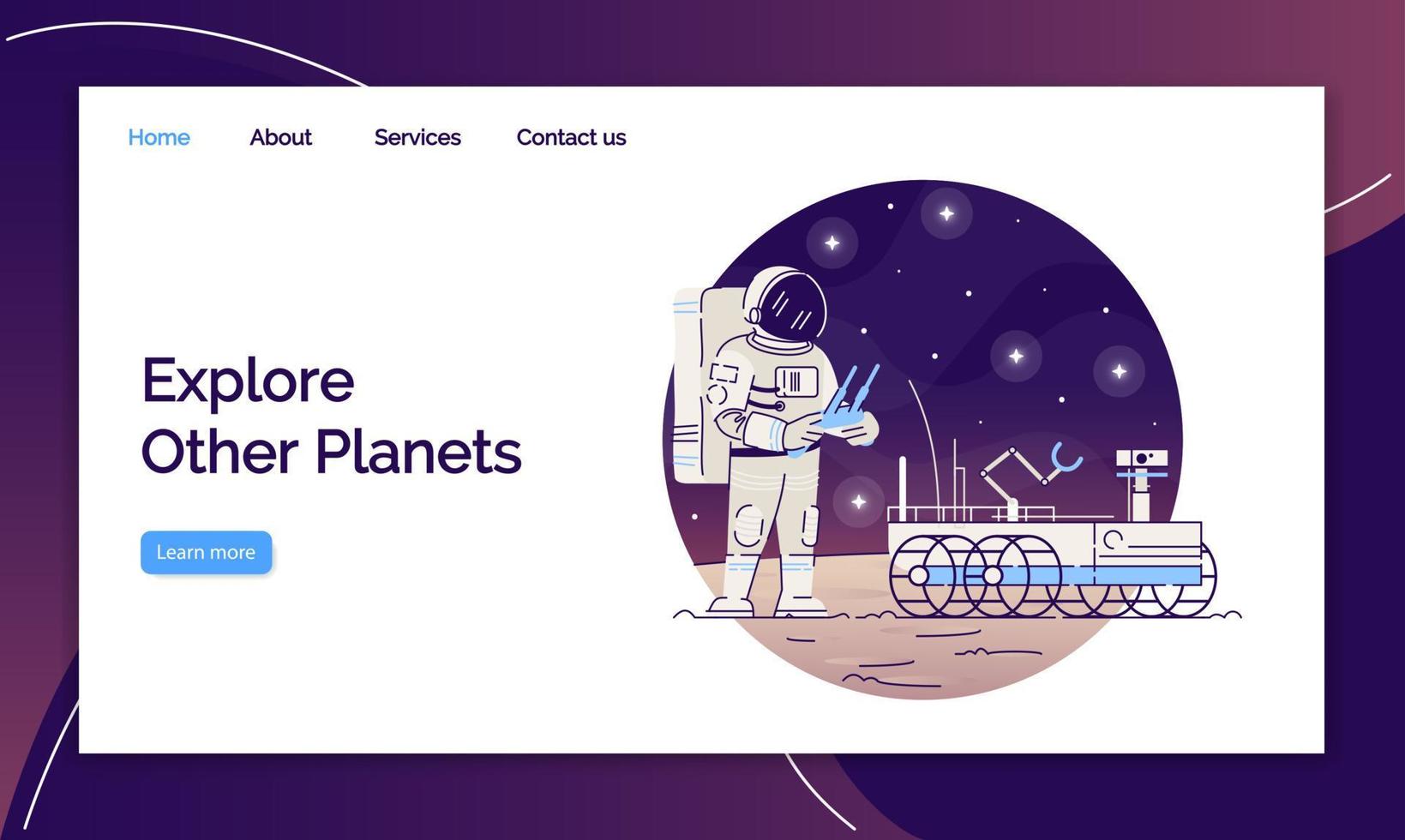 utforska andra planeter målsida vektor mall. kosmonaut med moon rover webbplats gränssnitt idé med platta illustrationer. layout på utrymmets hemsida. rymdpromenad webbbanner, webbsida tecknad koncept