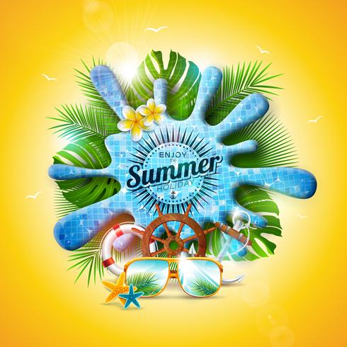 Vektor Sommarferie Illustration med Pool Vattensprut och tropiska löv på gul bakgrund. Exotiska växter, blomma, solglasögon och fartygets styrhjul