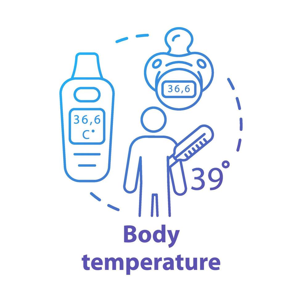 kroppstemperatur mäta prylar konceptikon. patient med feber idé tunn linje illustration. elektronisk termometer napp för barn. vektor isolerade konturritning. redigerbar linje