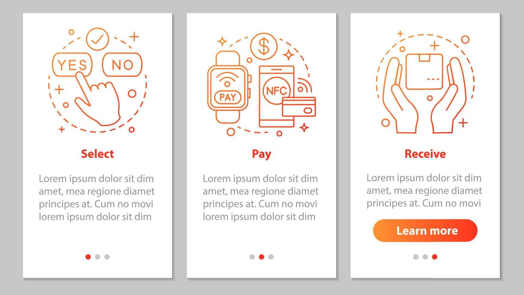 online shopping onboarding mobil app sidskärm med linjära koncept. välj, e betalning, ta emot grafiska instruktioner för paketsteg. ux, ui, gui vektormall med illustrationer vektor