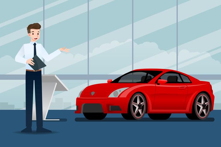 En glad affärsman, säljare står och presenterar sin lyxbil som parkerade i showroom.Vector illustration design. vektor