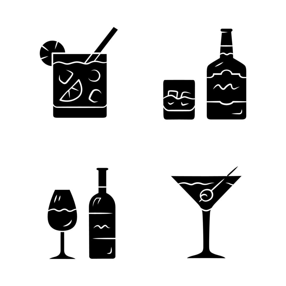 drycker glyf ikoner set. cocktail i lowballglas, whisky, vin, martini. alkoholhaltiga drycker till fest. förfriskningar och blandningar. siluett symboler. vektor isolerade illustration