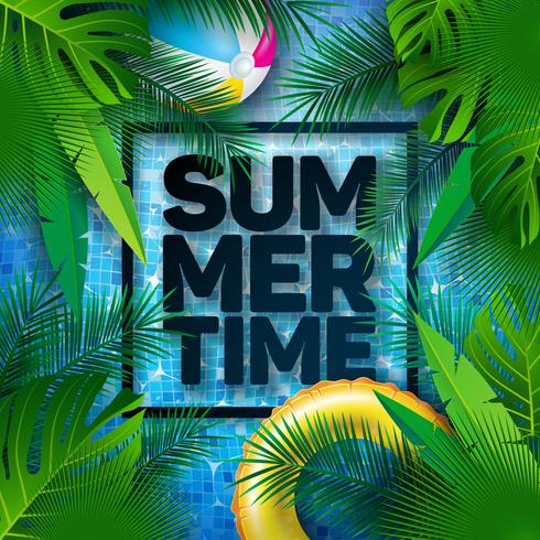 Sommer-Illustration mit Floss und tropischen Palmblättern auf Wasser im mit Ziegeln gedeckten Pool-Hintergrund. Vektor-Sommerferien-Design-Vorlage vektor