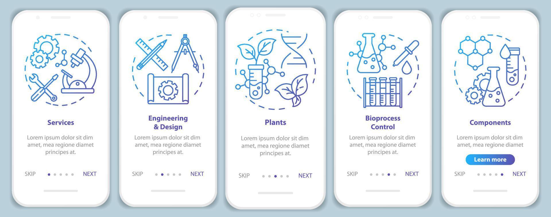 bioengineering onboarding mobile app seitenbildschirm vektorvorlage. Dienstleistungen und Anlagen, Komponenten. Walkthrough-Website-Schritte mit linearen Illustrationen. ux, ui, gui smartphone-schnittstellenkonzept vektor