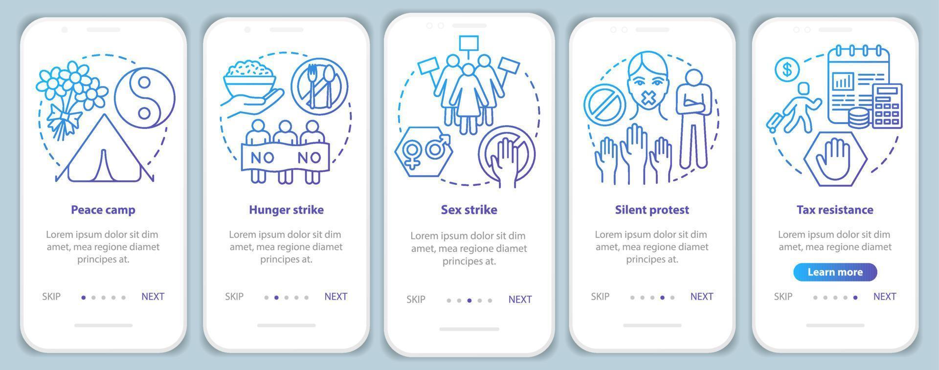 friedlicher protest beim onboarding der mobilen app-seitenbildschirm-vektorvorlage. Walkthrough-Website für gewaltfreie öffentliche Demonstrationsschritte mit linearen Illustrationen. ux, ui, gui smartphone-schnittstellenkonzept vektor