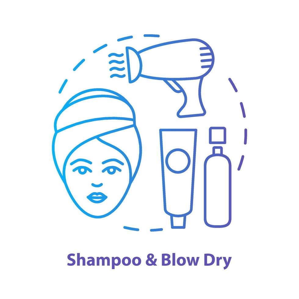 Shampoo und Föhnen Sie das blaue Konzeptsymbol. Haarpflege, Behandlungsprodukte Idee dünne Linie Illustration. Friseursalon, Friseursalon. blauer Farbverlauf Vektor isolierte Umrisszeichnung. bearbeitbarer Strich