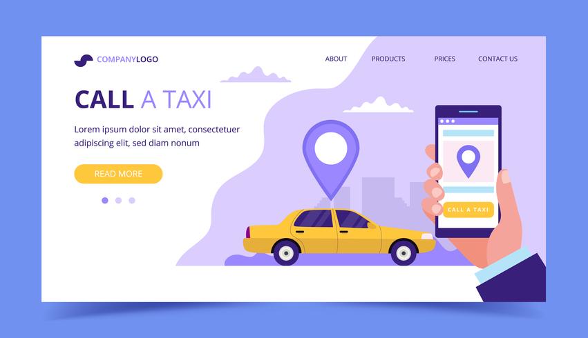 Rufen Sie eine Taxi-Landingpage an. Konzeptillustration mit dem Taxiauto und -hand, die einen Smartphone halten. vektor