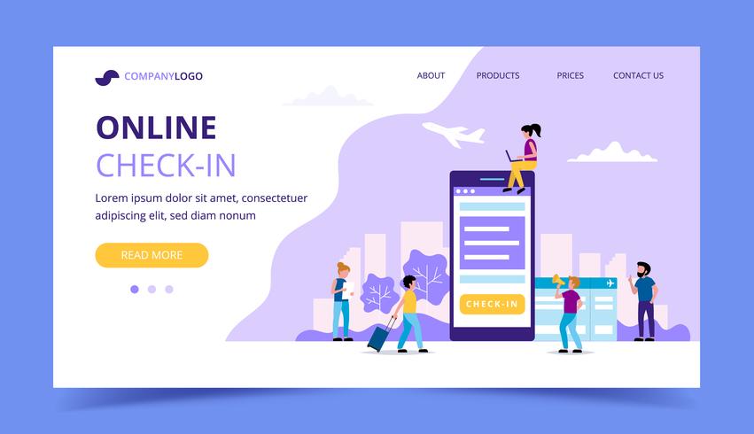 Online incheckning målsida, koncept illustration med smartphone, boardingkort. Små människor gör olika uppgifter. vektor