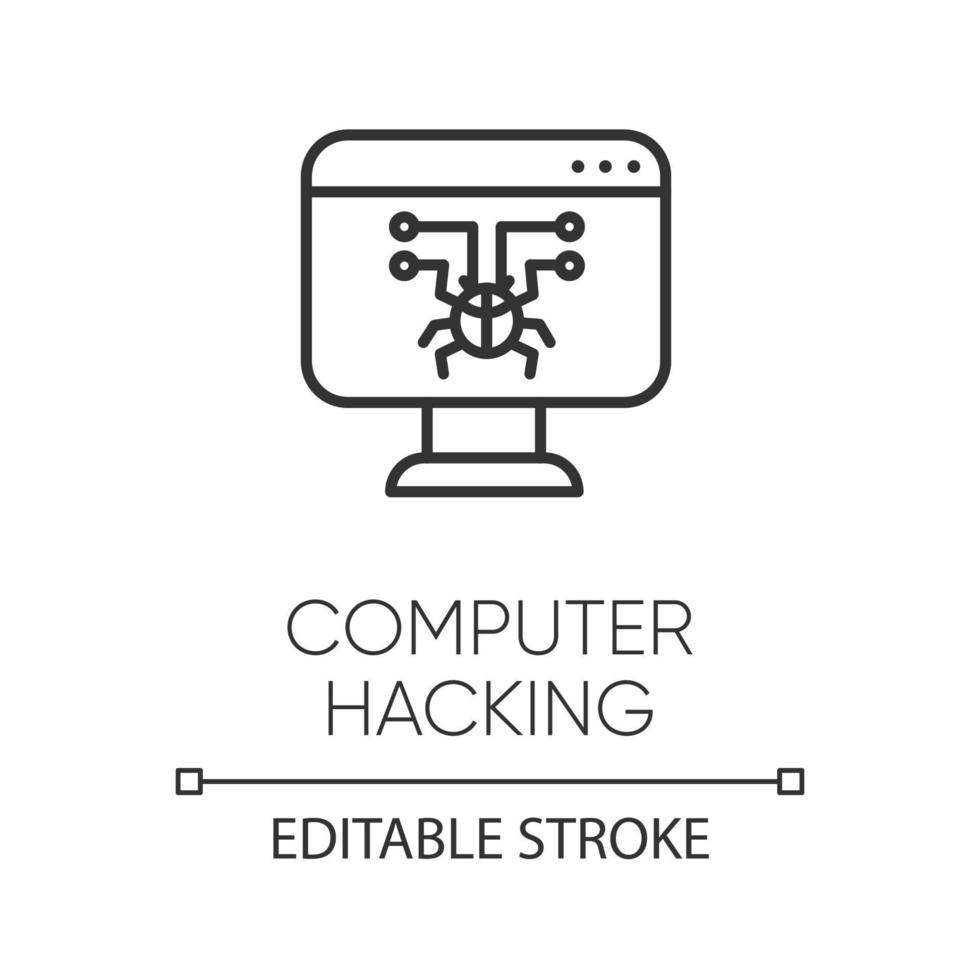 Computer-Hacking lineares Symbol. illegaler Zugangsgewinn. Sicherheitslücke. Malware, Ransomware. Phishing, Cyberkriminalität. dünne Liniendarstellung. Kontursymbol. Vektor isoliert Umrisszeichnung. editierbarer Strich