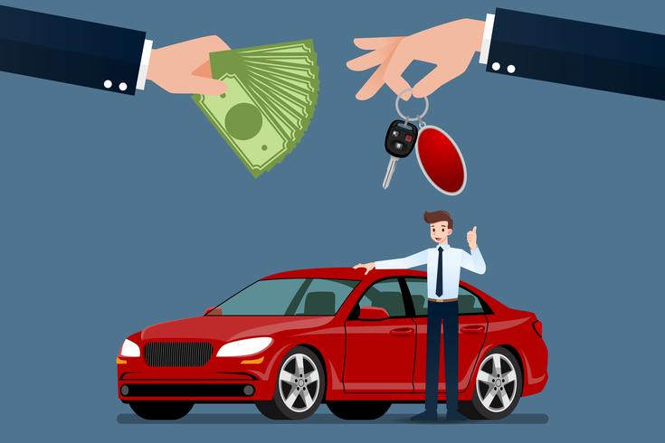 Bilhandlarens hand gör en utbyte mellan bilen och kundens pengar. Vektor illustration design.