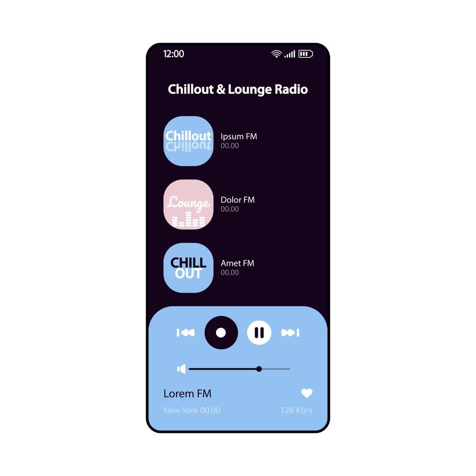 lounge fm radio smartphone gränssnitt vektor mall. mobil musikspelare app sida svart layout. online-ljudspellista, lyssningsskärm för spåralbum. platt UI för applikation. telefonens display