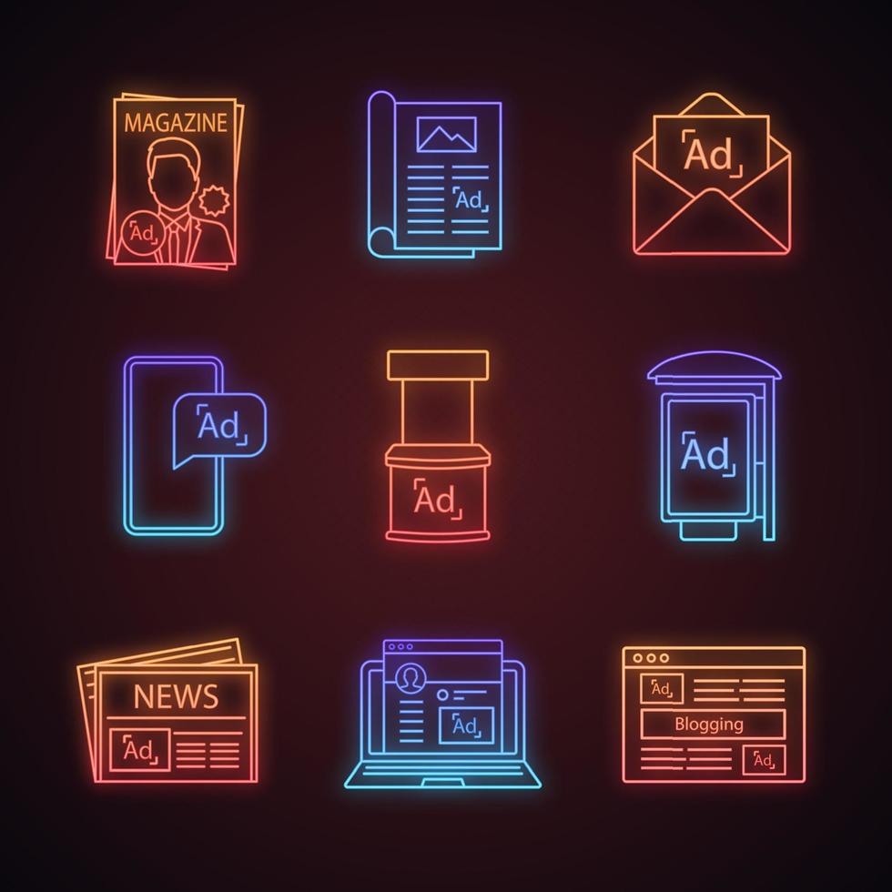 Werbekanäle Neonlicht-Symbole gesetzt. Magazin, Artikel, E-Mail-Marketing, Handy-Anzeigen, Werbestand, Bushaltestellenwerbung, Zeitung, soziale Medien, Blogging. leuchtende vektorisolierte illustrationen vektor