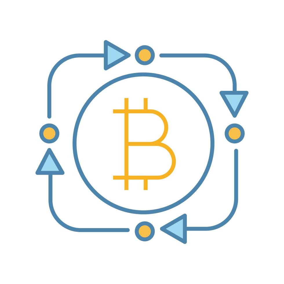 bitcoin utbyte färgikon. digital valutatransaktion. cirkelpilar med bitcoin inuti. återbetalning cryptocurrency kontur symbol. fintech och big data. isolerade vektor illustration