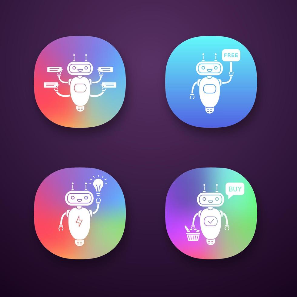 Chatbots-App-Symbole festgelegt. ui ux-Benutzeroberfläche. Talkbots. virtuelle Assistenten. Support-Service, kostenlos, neue Idee, Chat-Bots kaufen. moderne Roboter. Web- oder mobile Anwendungen. isolierte Vektorgrafiken vektor