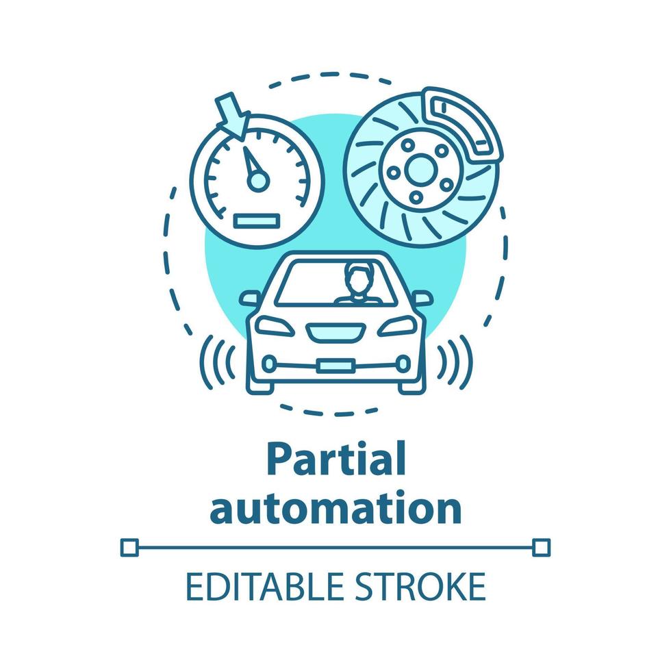 Symbol für Teilautomatisierungskonzept. Fahrzeug mit Tempomat und Parksensoren. elektronische autosysteme für die idee des fahrers dünne linie illustration. Vektor isoliert Umrisszeichnung. editierbarer Strich