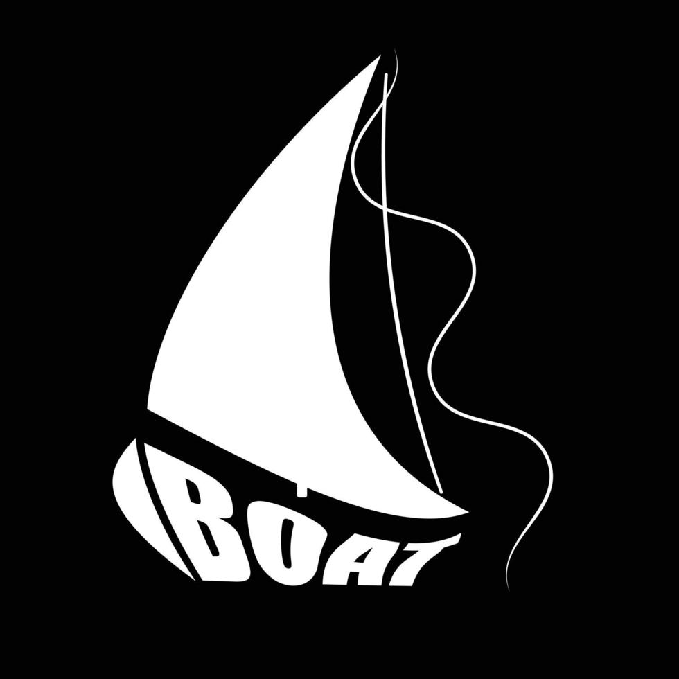 Symbol eines Segelbootes in Weiß auf schwarzem Hintergrund mit dem Wort Boot darauf geschrieben vektor