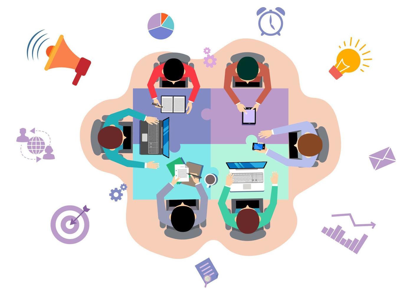 Eine Gruppe von Menschen mit Geräten in der Hand, die zusammenarbeiten und die Illustration der Zusammenarbeit von Netzwerk- und Kommunikationsteams symbolisieren vektor