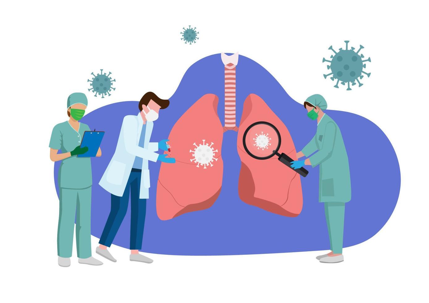 Eine Gruppe von Ärzten untersucht die vom Coronavirus betroffene Lunge. vektorillustration im karikaturstil medizinische mitarbeiter, die masken tragen, um leben vor einer lungenentzündung zu retten. Ideen zur Coronavirus-Behandlung vektor