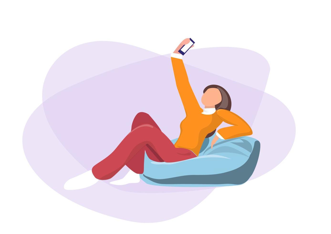en vacker kvinna som tar en selfie med en avkopplande hållning på en rund soffa. från en mobiltelefon platt stil tecknad illustration vektor