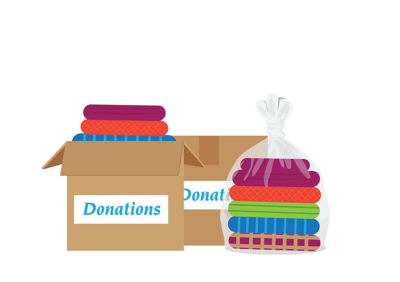 gebrauchte Kleidung in Säcken und Kisten, separate Spendenbox auf weiß, gebrauchte Hemden zur Spende. Cartoon-Illustrationsvektor im flachen Stil vektor
