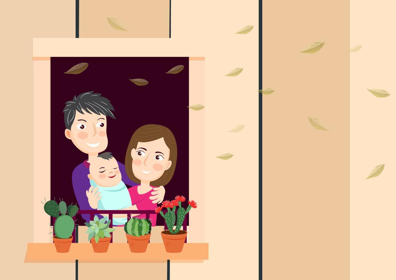 Bleiben Sie bequem in einem warmen Vintage-Haus-Vektor-Cartoon mit dem jungen Paar und ihrem kleinen Sohn, der auf der Veranda eines Holzhauses kuschelt und sich entspannt. Cartoon-Illustrationsvektor im flachen Stil vektor