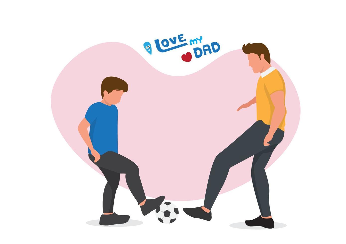 pojken och hans far spelar fotboll på lekplatsen. faderskapskoncept en glad far leker med sin lilla pojke. platt stil tecknad vektorillustration vektor