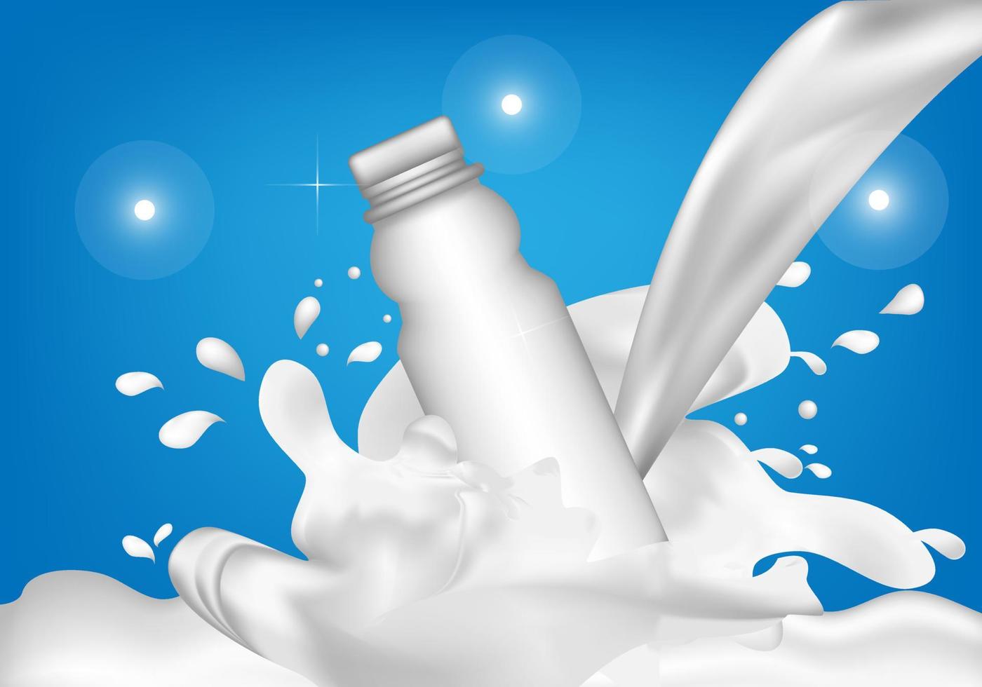 glasflaskformade produkter och häll mjölk i sidan av flaskan för att skapa en diffusion av vatten. vektor