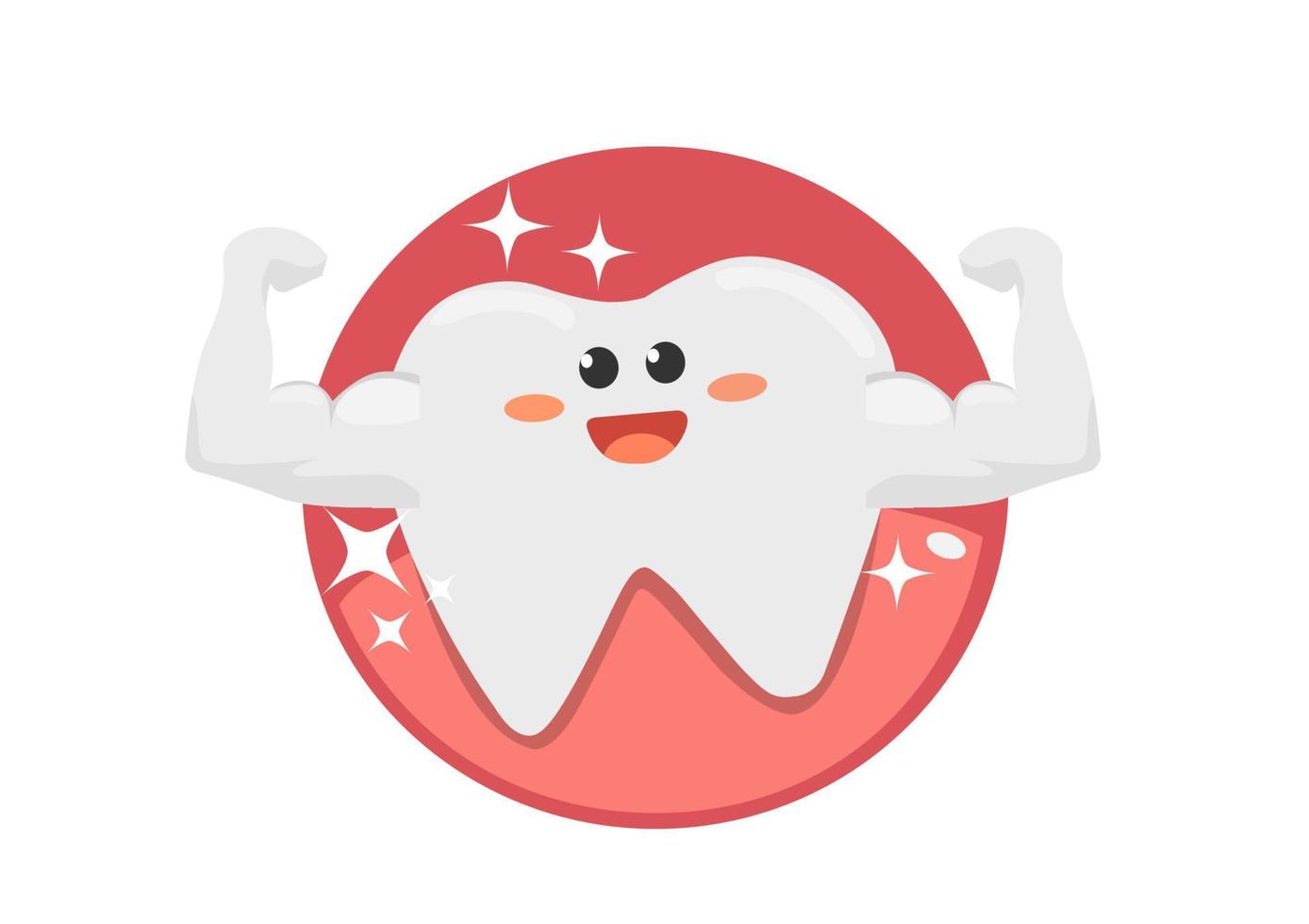 glückliches Zahnsymbol niedlicher Zahncharakter, um die Stärke zu zeigen, nachdem Sie Ihre Zähne mit Zahnpasta geputzt haben. vektorillustration für pädiatrische zahnheilkunde mundhygiene, zahnreinigung vektor