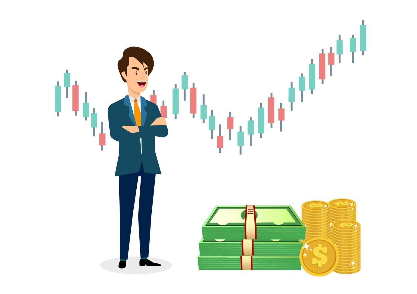 Geschäftsmann, der selbstbewusst vor dem Hintergrund der steigenden Aktienmarktdiagramm-Vektorillustration steht und den Aktienmarkttrend mit mehr Vermögenswerten zeigt. vektor