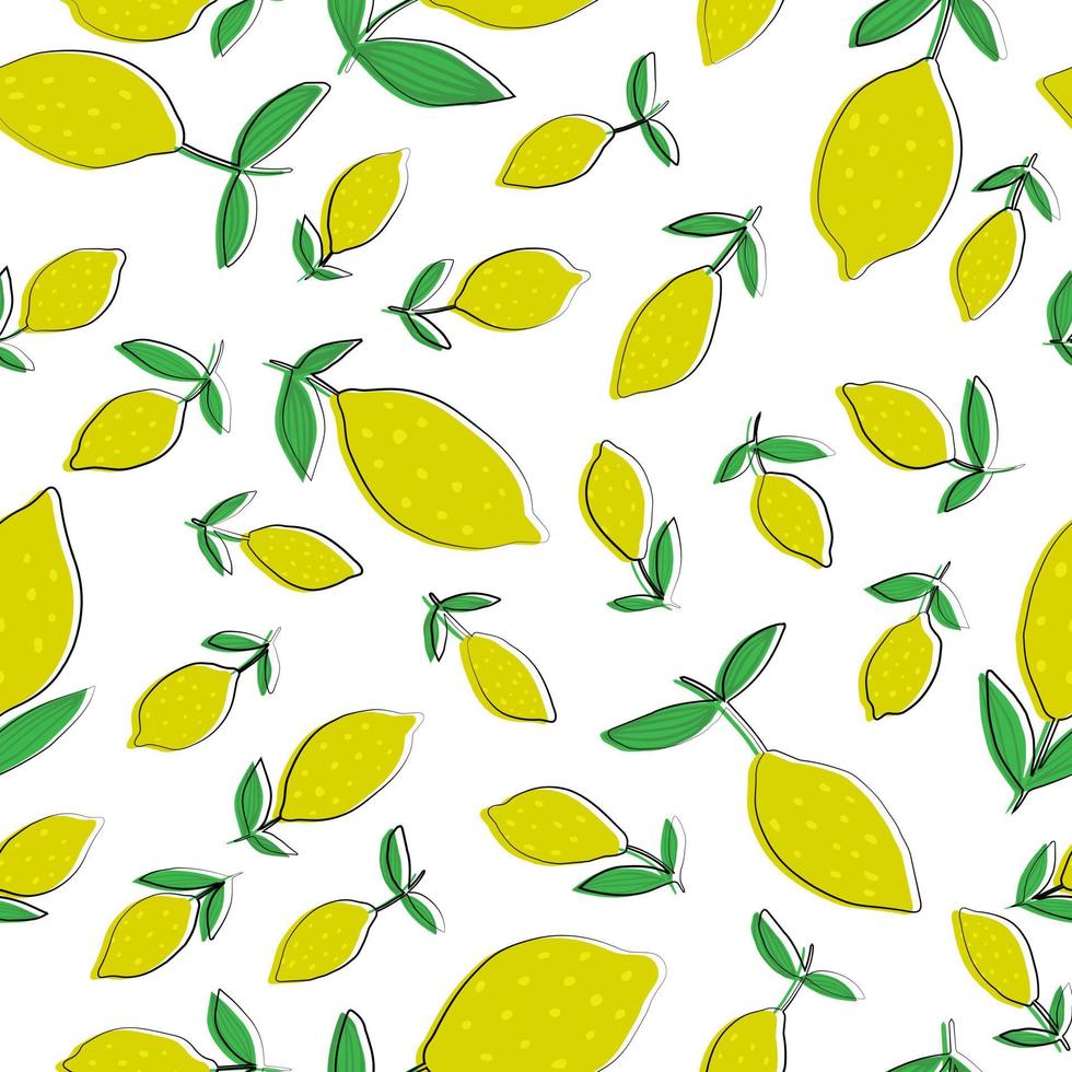 handritad citron seamless mönster med löv. vektor
