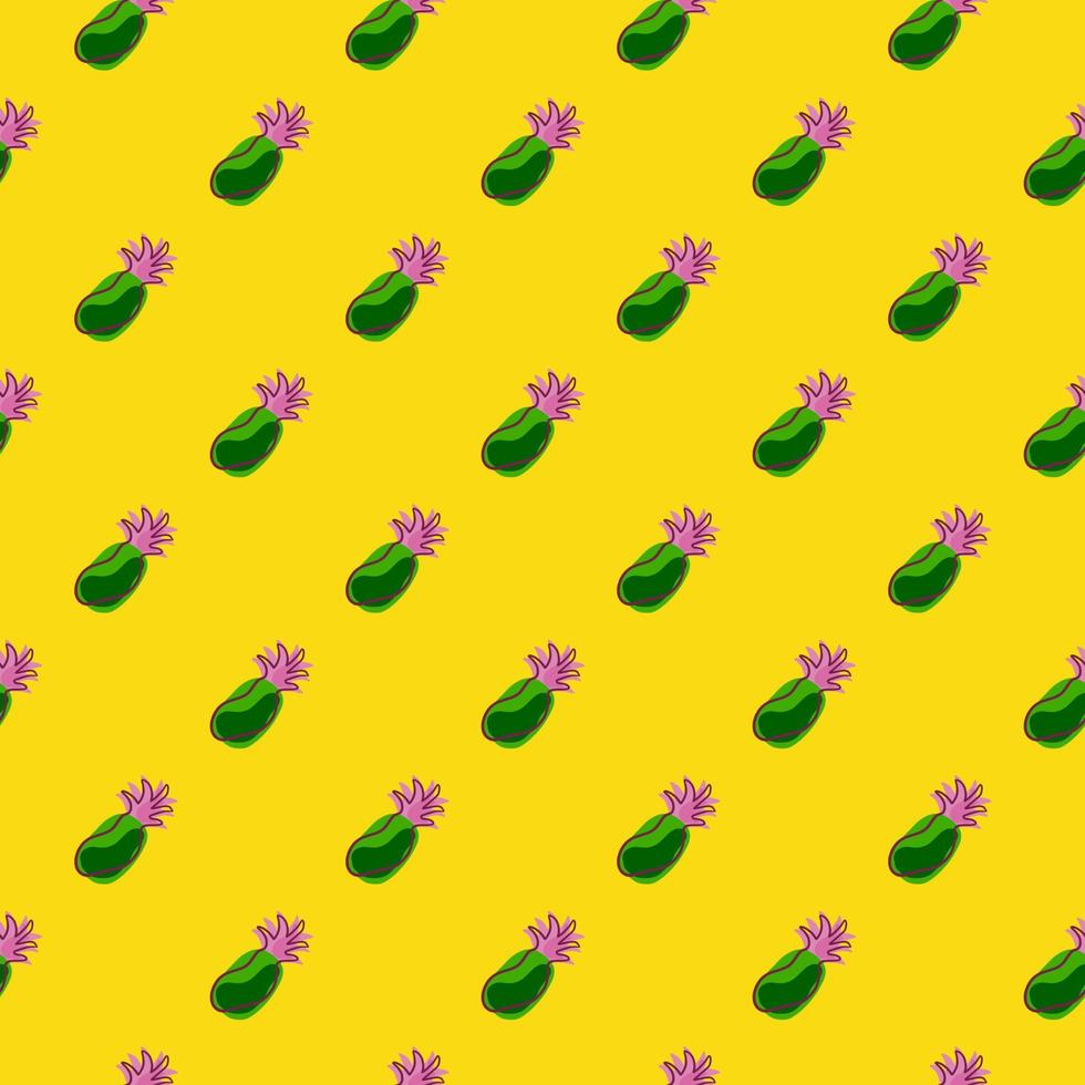 ljusa sömlösa doodle mönster med gröna och rosa färgade ananas prydnad. gul bakgrund. vektor