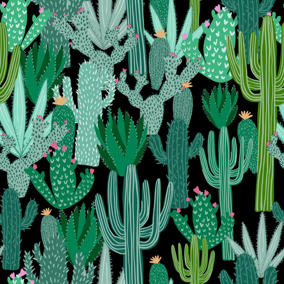 kaktus sömlösa mönster på svart bakgrund. grön kaktus tapet. vektor