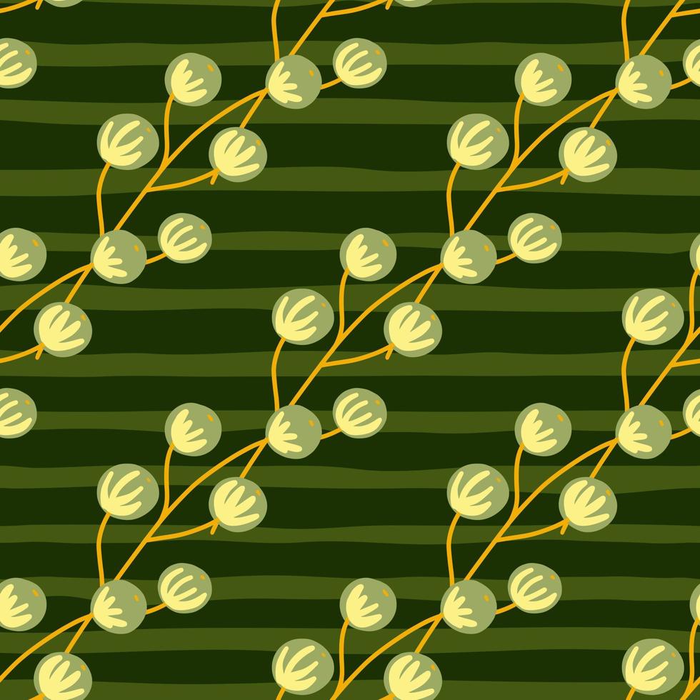 handritad botanik seamless mönster med diagonala bär grenar former. grön randig bakgrund. vektor
