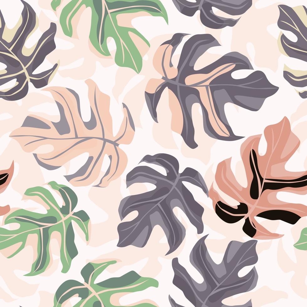 färgglada mjuka sömlösa mönster med doodle monstera pint. lila, rosa och gröna tropiska element på ljus bakgrund. vektor