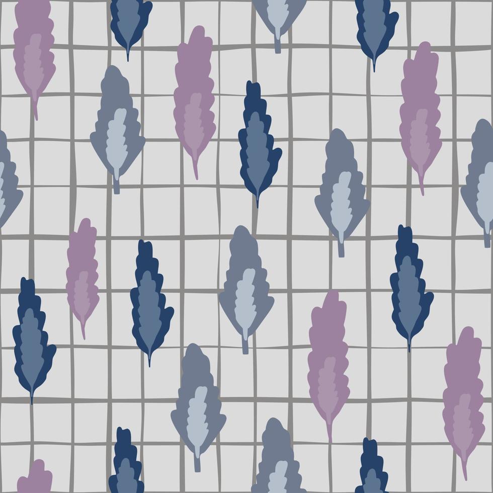träd lämnar sömlösa doodle mönster. lila och blå färgade blommiga element på grå bakgrund med rutor. vektor