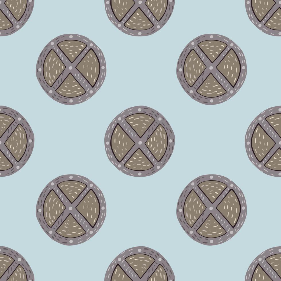 Beige und grau gefärbtes Holzschild mit nahtlosem Muster. Kreiswaffenverzierung auf hellblauem Hintergrund. vektor