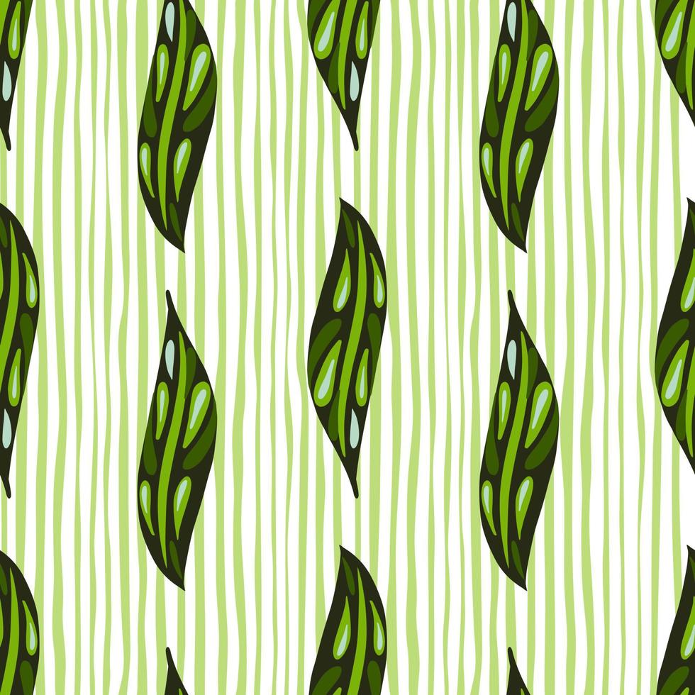 ljusa gröna abstrakta blad silhuetter prydnad seamless mönster. ljusgrön och vit randig bakgrund. vektor