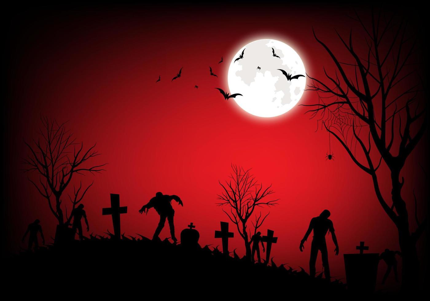 halloween med zombies och månen på kyrkogården röd blodig bakgrund vektor