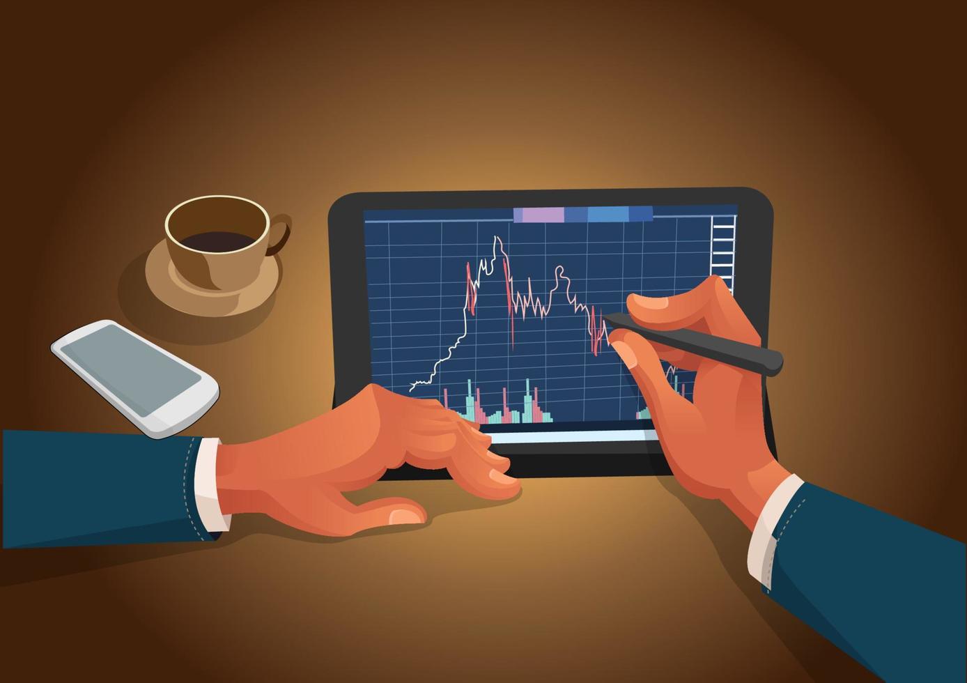 Ein Bleistift in der Hand eines Investors, der die Veränderungen der Aktienmärkte auf einem Tablet beobachtet. Cartoon-Illustrationsvektor im flachen Stil vektor