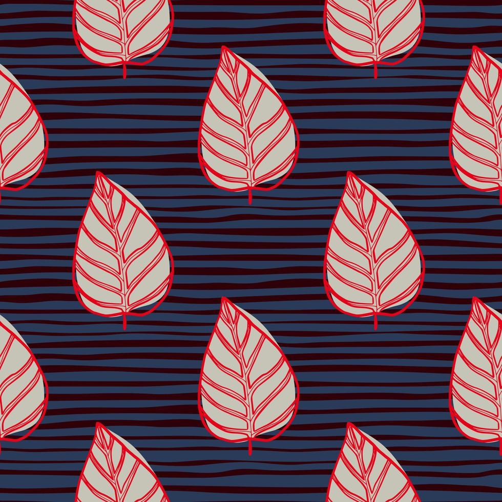 Rot konturierte graue Blätter Silhouetten nahtloses Muster. dunkelblauer, dunkel gestreifter Hintergrund. vektor