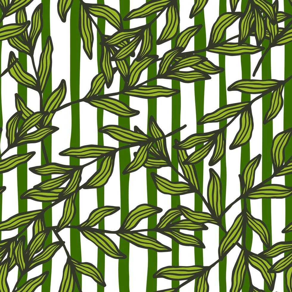 skogsgren med löv seamless mönster på randig bakgrund. blad bakgrund. vektor