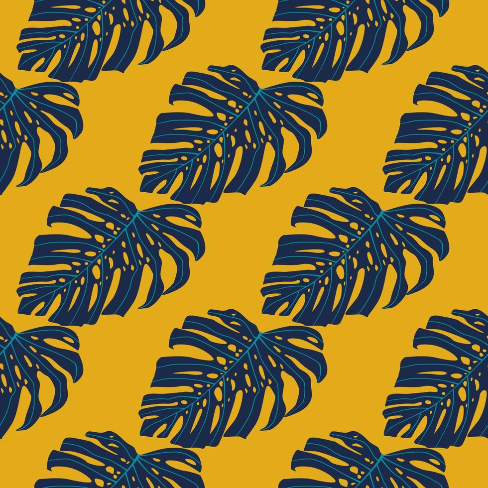 abstraktes Doodle nahtloses Muster mit marineblauen Monstera-Silhouetten und leuchtend gelbem Hintergrund. vektor