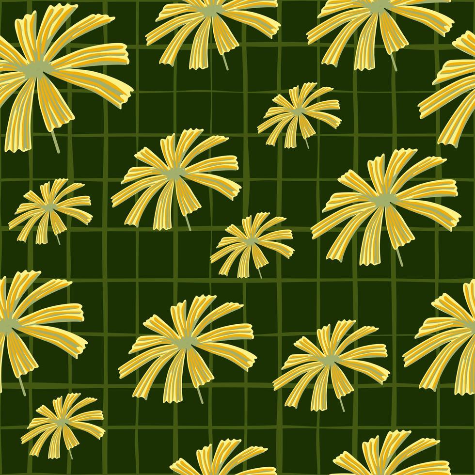 gelbe zufällige palme licuala silhouetten nahtloses muster. grün karierter Hintergrund. Gekritzeldruck. vektor