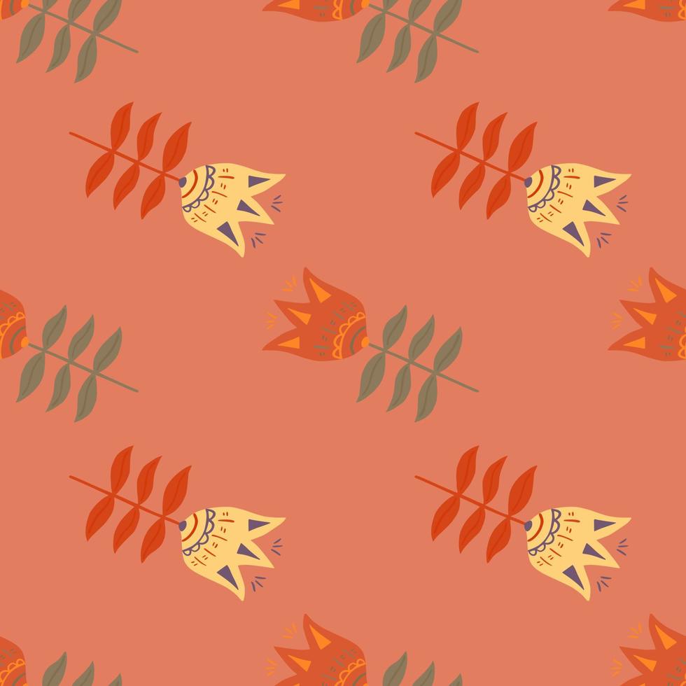 Gekritzelblumen-Volkskunst-nahtloses Muster auf orangefarbenem Hintergrund. florale Naturtapete. vektor