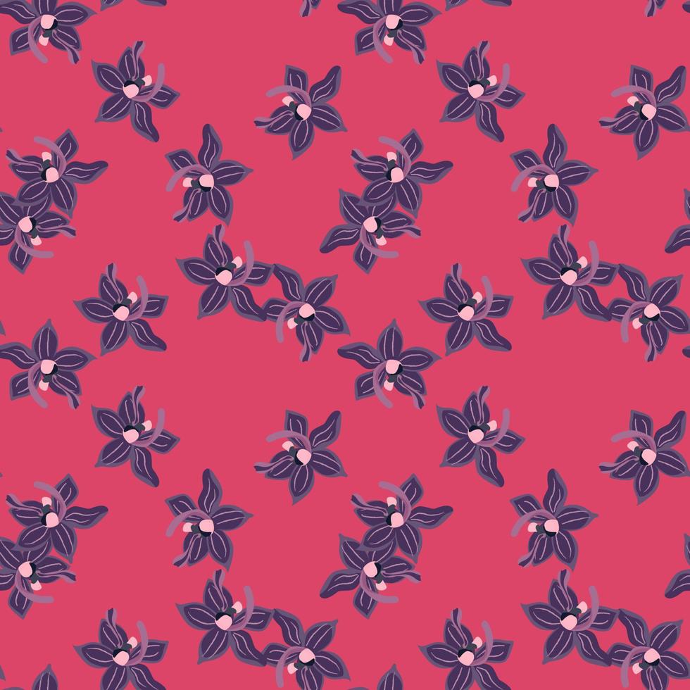 marinblå slumpmässiga orkidé blommor seamless mönster i tropisk stil. rosa ljus bakgrund. doodle stil. vektor