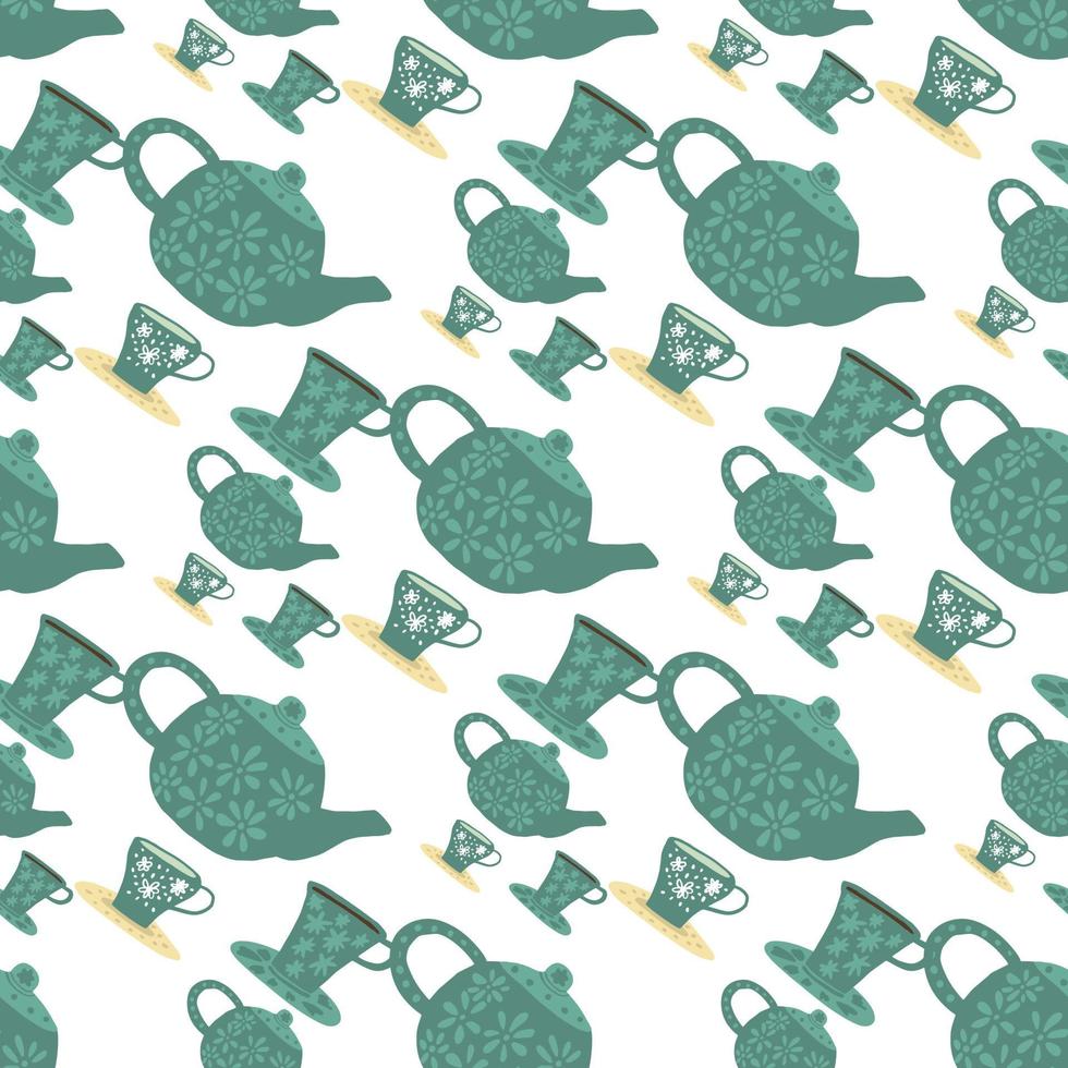 Nahtloses, isoliertes Muster mit grünen pastellfarbenen Teezeremonie-Silhouetten. Tassen und Teekannen auf weißem Hintergrund. vektor