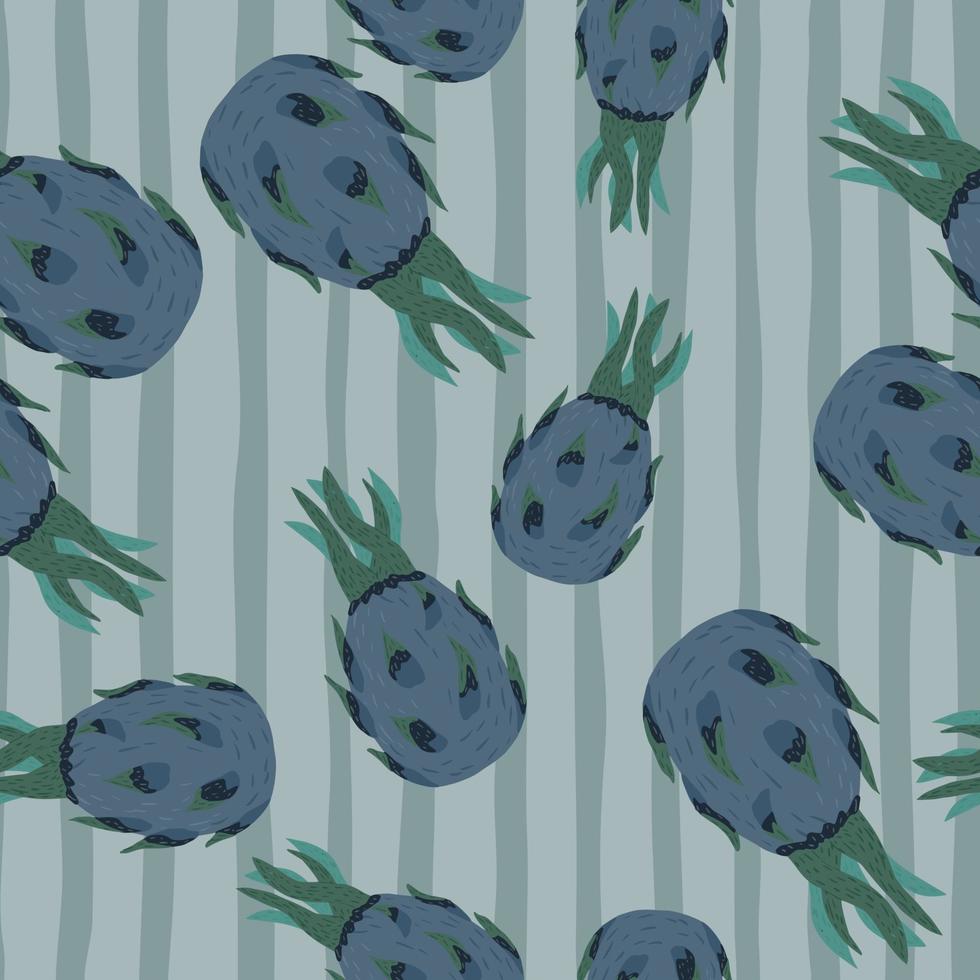 sommernahtloses muster mit gekritzelblau gefärbten drachenfruchtformen. gestreifter Hintergrund. vektor