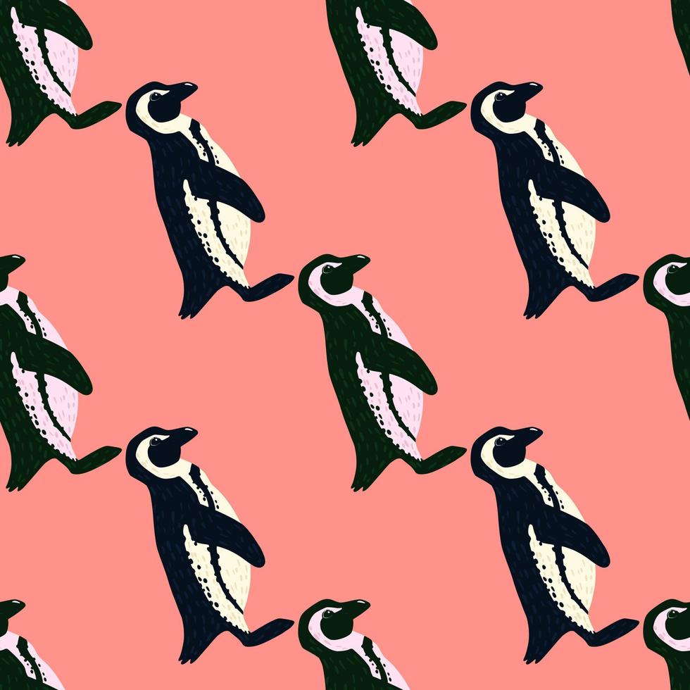 abstraktes doodle nahtloses muster mit handgezeichneter pinguinverzierung. rosa Hintergrund. vektor